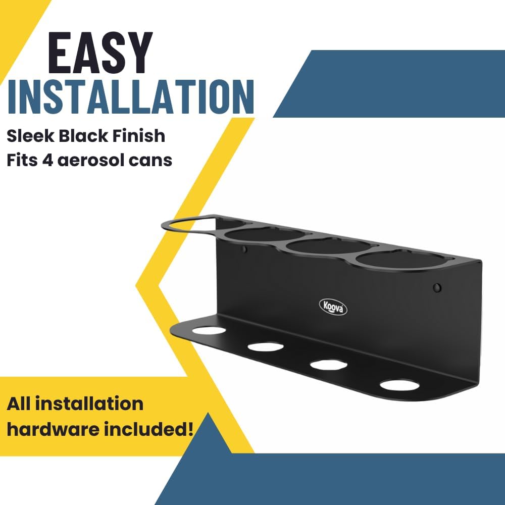 Koova 4 Aerosol Spray Can Holder | Easy Install Wall Mount | Heavy-Duty Powder Coated Steel Storage Rack for Garage & Home | Craft Workspace Paint Bottle Organizer | Hardware Included | USA Made