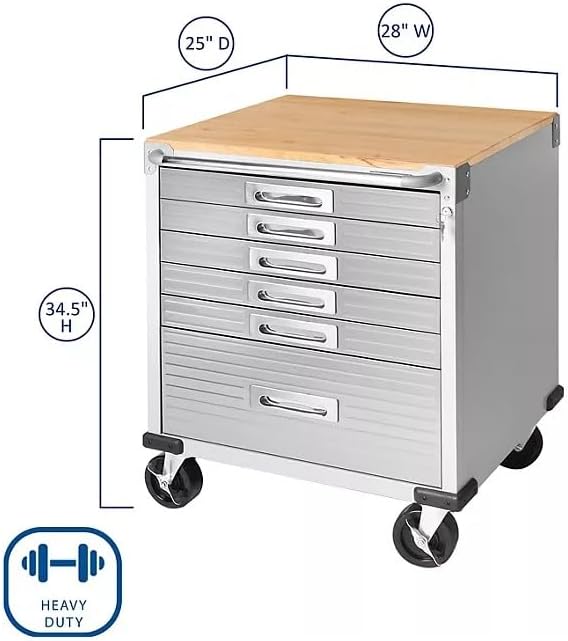 Heavy Duty Rolling Storage Cabinet with Wheels and Drawers, Workstation for Garage, Office, Workshop, 6 Drawer (28" W x 25" D x 34.5" H), Granite