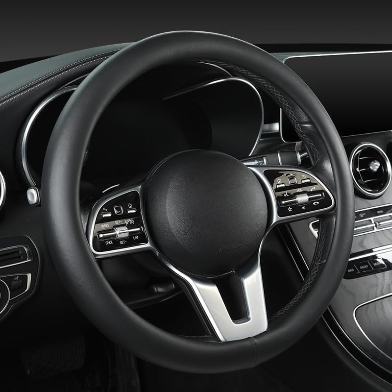 Cowhide Steering Wheel Cover Heat Resistant Anti-Slip Car Wheel Wrap Compatible with Most Makes and Models of Cars and Trucks with 14.5 to 15 Inch Steering Wheel (Black-1)