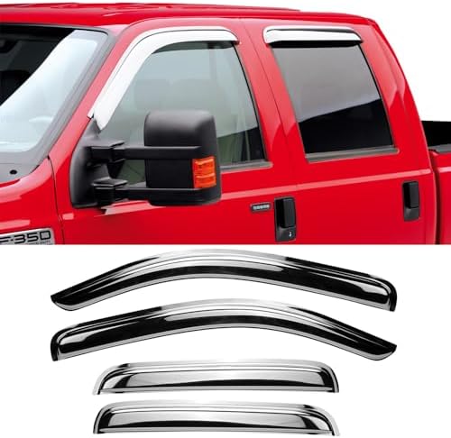 Chrome Side Window Visors Wind Vent Deflector for 2009-2014 Ford F150 Supercrew/Crew cab with 4 Full Size Doors,4pcs Outside Mount Tape-On Chrome Nice Sun Rain Guards Set 94155Y