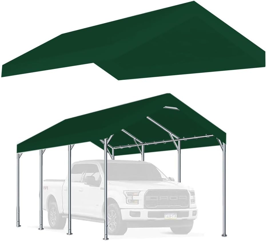 12'x20' Upgraded Carport Replacement Top Canopy Cover for Car Garage Shelter Tent Party Tent with Ball Bungees Green (Only Top Cover, Frame is not Included)