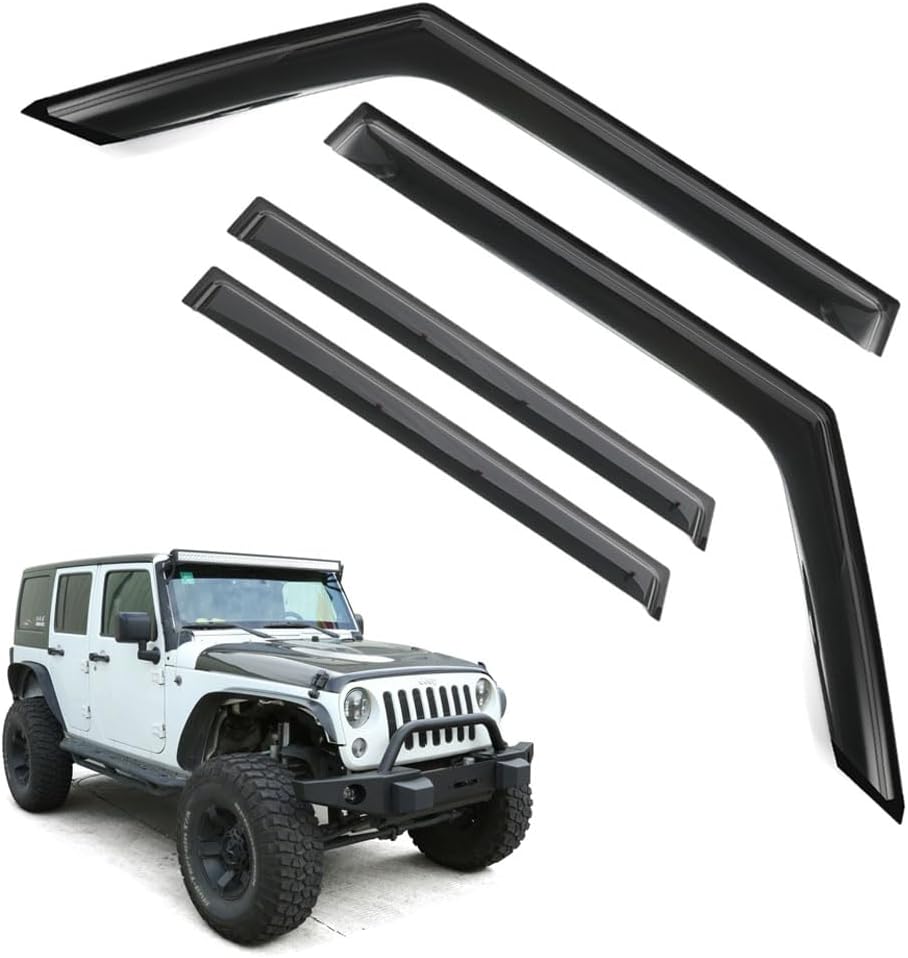 Rain Guards for Jeep Wrangler JK 2007-2018, Tape-on Side Window Deflectors for Jeep Wrangler, Window Visors for Jeep Cars, for Jeep Car Accessories, 4 pcs, FOR-WRANGLER-07/18-JK