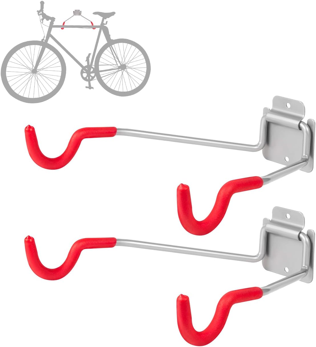 Bike Wall Mount Hangers，EVA Foam Padded Bicycle Hooks-Flip-Up Garage Bicycle Rack for Mountain, Road, and Kids Bikes Rack Holders 2 Pack Silver, Red