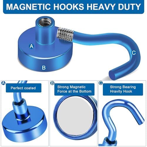 LOVIMAG Magnetic Hooks for Cruise Cabins, 80lbs Blue Magnetic Hooks for Classroom, Strong Magnets with Hooks for Hanging, Neodymium Magnet Hooks for Fridge, Ceiling, Locker, Camper, Travel-25 Pcs