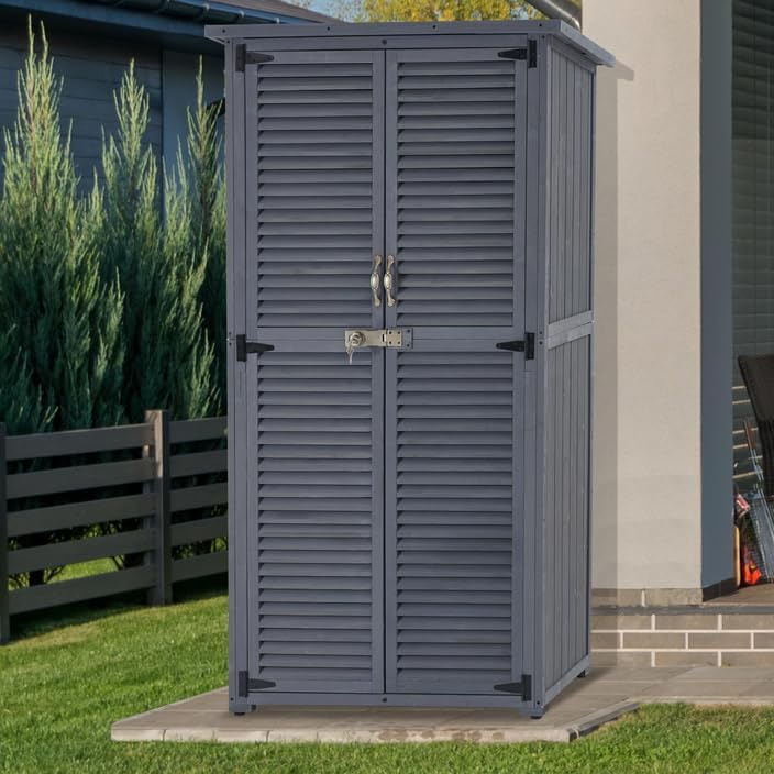 MCombo Outdoor Storage Cabinet, Wooden Storage Shed with Latch, Outside Garden Tool Shed with 2 Doors for Patio Yard Lawn, 0808 (Grey, Medium)
