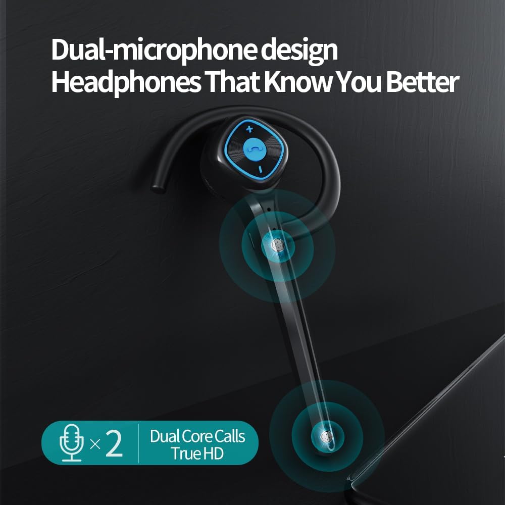 IHAO Wireless Bluetooth Earpiece Headphone Dual Noise Cancelling Mic Painless Open-Ear Handsfree Headset Stereo Sound Left/Right Changeable Earhook Earphones for Driving/Business/Gym