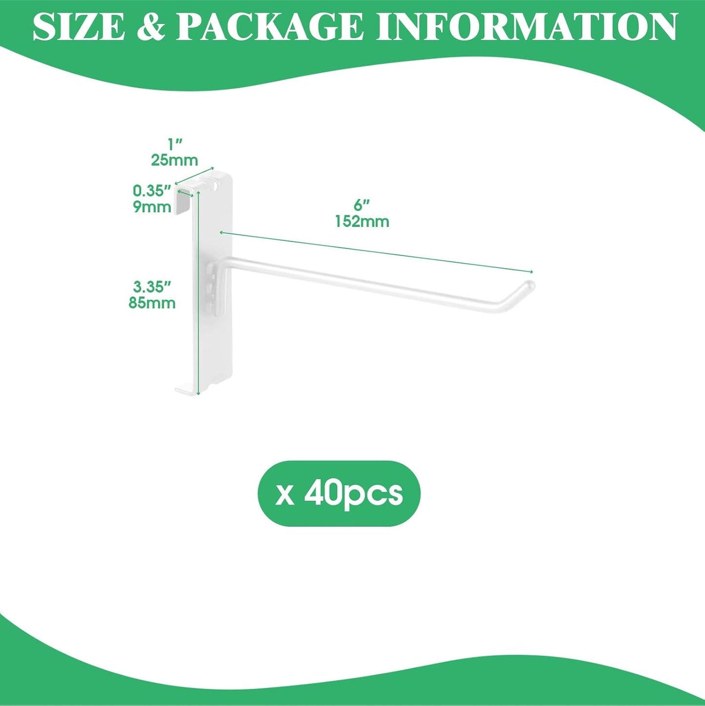 40Pcs 6" Gridwall Display Hooks Assortment Set, White Metal Grid Wall Panel Hanging Display Hook for Garage Shop Retail Storage, Wire Diameter 5mm/ 0.2”