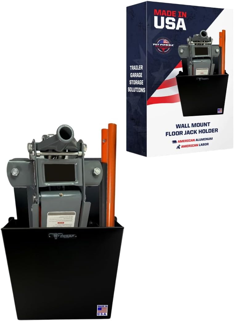 Pit Posse PP3351BK Aluminum Wall Mount Floor Jack Holder Pouch Stabilizer - Made in USA - Stabilizer for Enclosed Race Trailer Garage Shop Organizer Storage Snowmobile 5th Wheel Toy Hauler (Black)