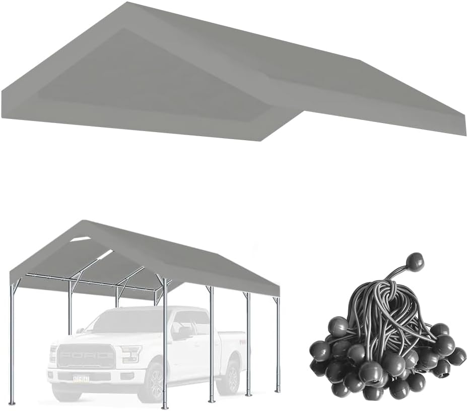 12'x20' Upgraded Carport Replacement Top Canopy Cover for Car Garage Shelter Tent Party Tent with Ball Bungees Grey (Only Top Cover, Frame is not Included)