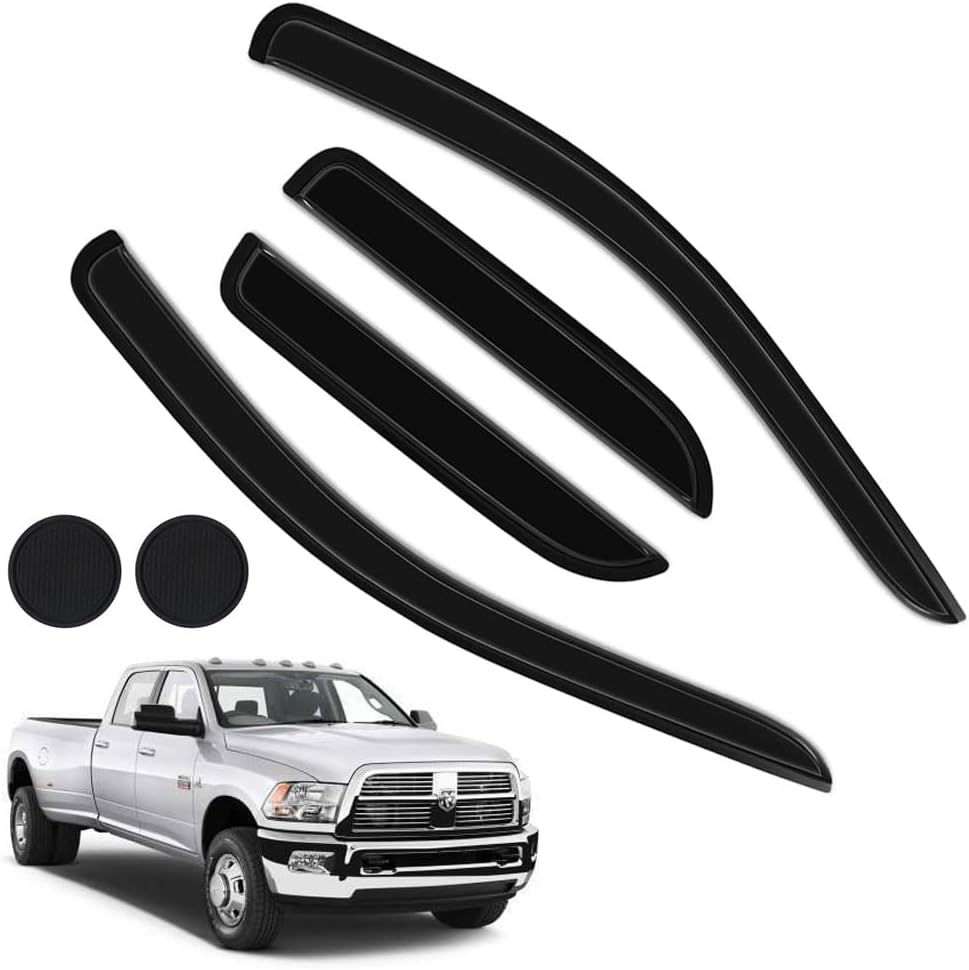 Rain Guards for Dodge Ram 1500 2002-2008 + Dodge Ram 2500 3500 Quad Cab 2003-2009, Tape-on Side Window Deflectors for Ram, Window Visors for Trucks, Car Accessories 4 Rain Guards ＆ 2 Car Coasters