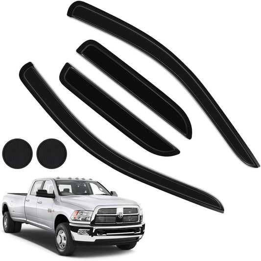 Rain Guards for Dodge Ram 1500 2002-2008 + Dodge Ram 2500 3500 Quad Cab 2003-2009, Tape-on Side Window Deflectors for Ram, Window Visors for Trucks, Car Accessories 4 Rain Guards ＆ 2 Car Coasters