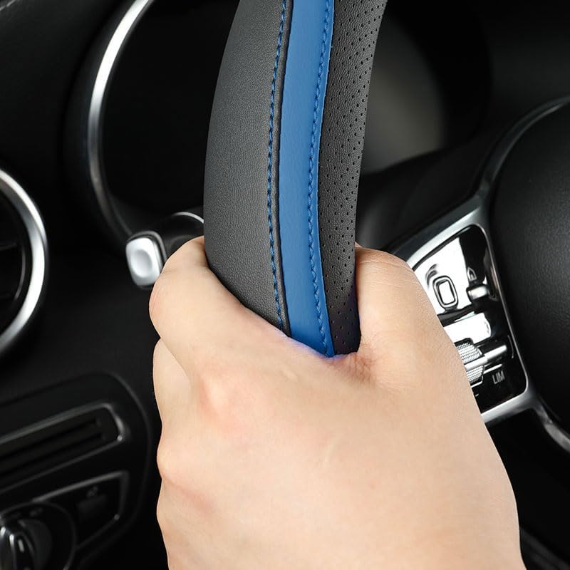 Car Steering Wheel Cover, Leather Steering Wheel Cover Blue Universal 14.5-15 Inch Microfiber Leather Anti-Slip Breathable Auto Steering Wheel Covers for Men Women (Black&Blue-2)