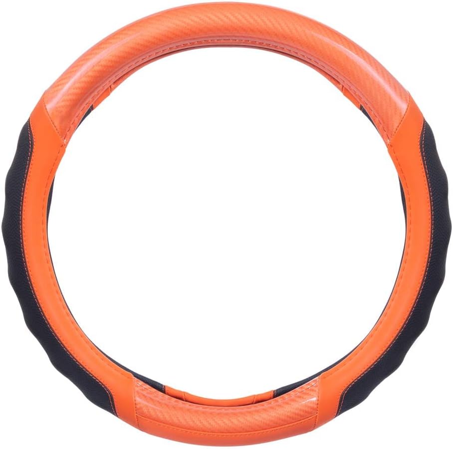 Motor Trend SW-812 Orange Ultra Sport Pebbled Leather Steering Wheel Cover with Carbon Fiber Detail-Universal Fit for Standard Sizes 14.5 to 15.5 inches Black
