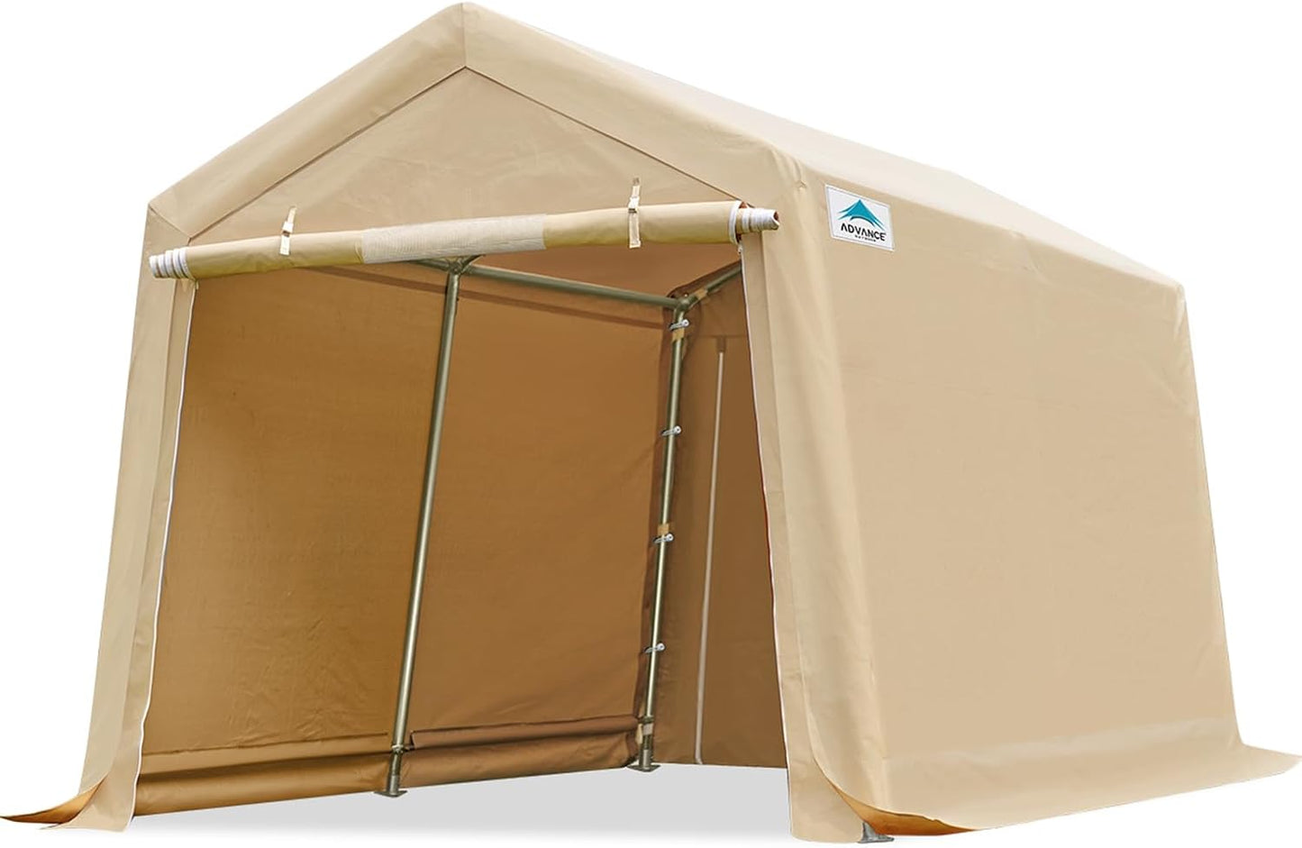 ADVANCE OUTDOOR 8x14 ft Steel Metal Peak Roof Portable Garage Shelter Storage Shed Carport for Motorcycle, Bike or Garden Tools with 2 Roll up Doors & Vents, Beige