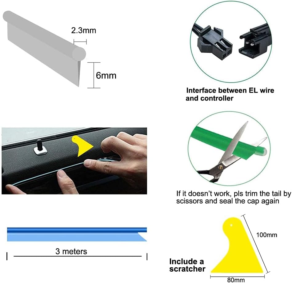 El Wire White Interior Car LED Strip Lights, 3M Neon Wire USB 5V with Fuse Protection for Automotive Interior Decoration, with 6mm Sewing Edge