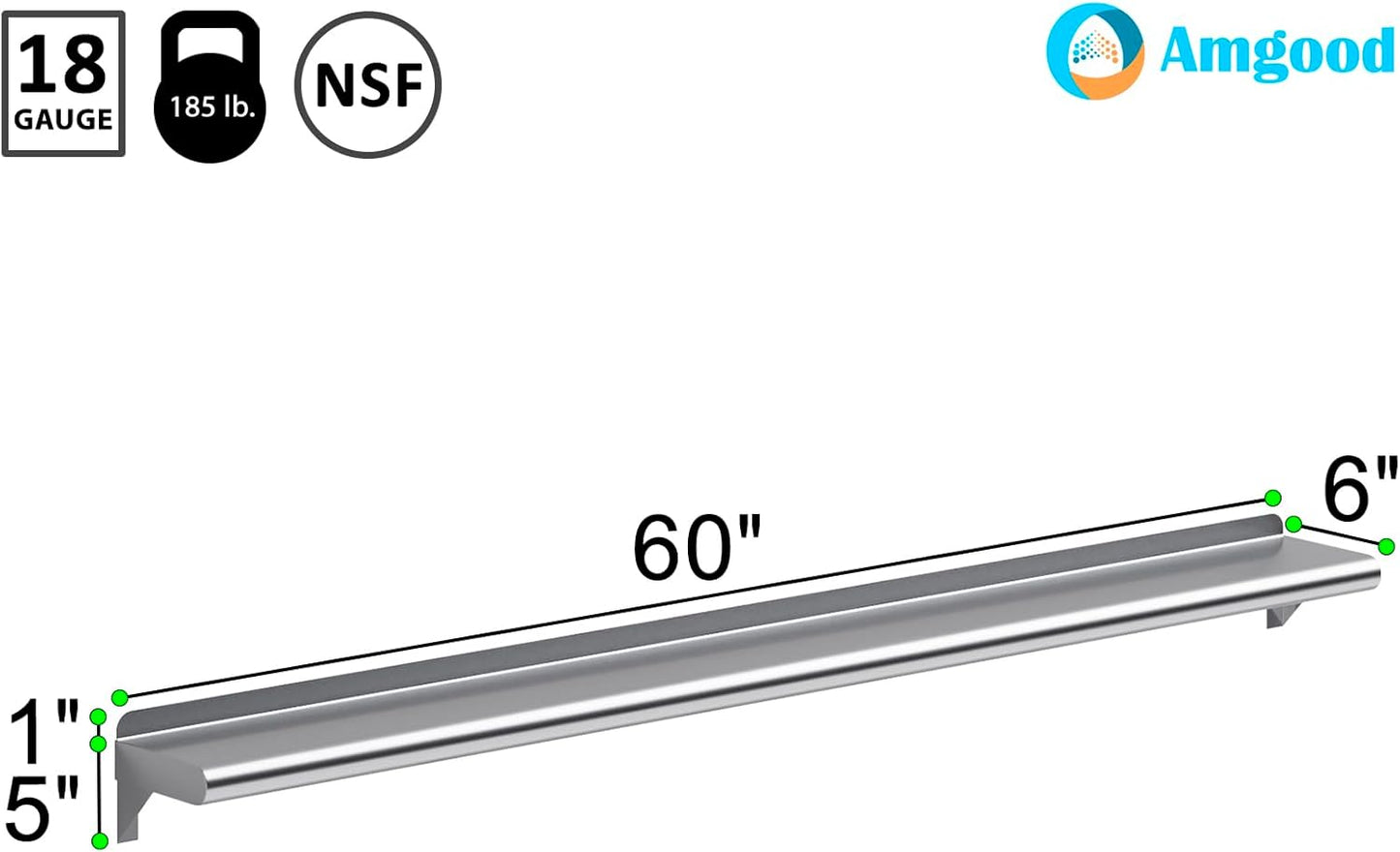 AmGood 60" Long X 6" Deep Stainless Steel Wall Shelf | NSF Certified | Appliance & Equipment Metal Shelving | Kitchen, Restaurant, Garage, Laundry, Utility Room