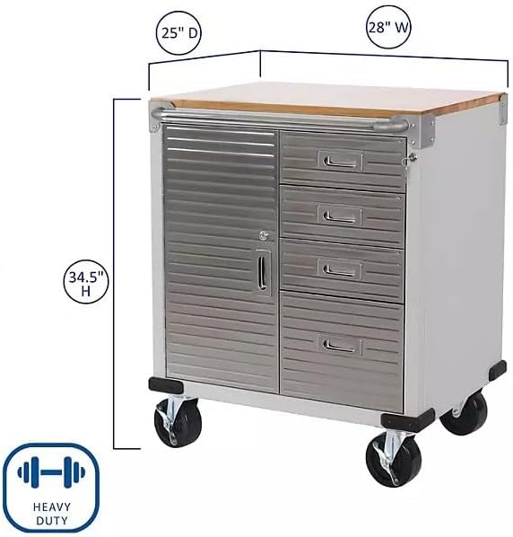 Heavy Duty Rolling Storage Cabinet with Wheels and Drawers, Workstation for Garage, Office, Workshop, 1 Door, 4 Drawer (28" W x 25" D x 34.5" H), Granite