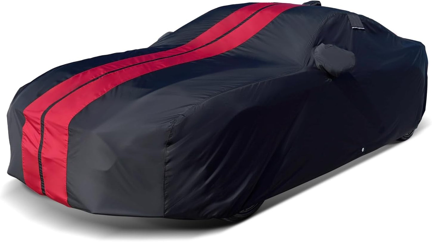 iCarCover Custom Car Cover for 1993-2002 Chevy Camaro STD, Z28, SS Waterproof All Weather Rain Snow UV Sun Protector Full Exterior Indoor Outdoor Car Cover (Stripe - Black/Red)