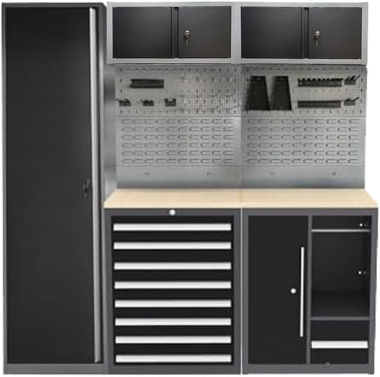 JZD Garage Cabinet System, Tool Storage Cabinets Set with Wooden Tabletop, for Workshop Utility Room