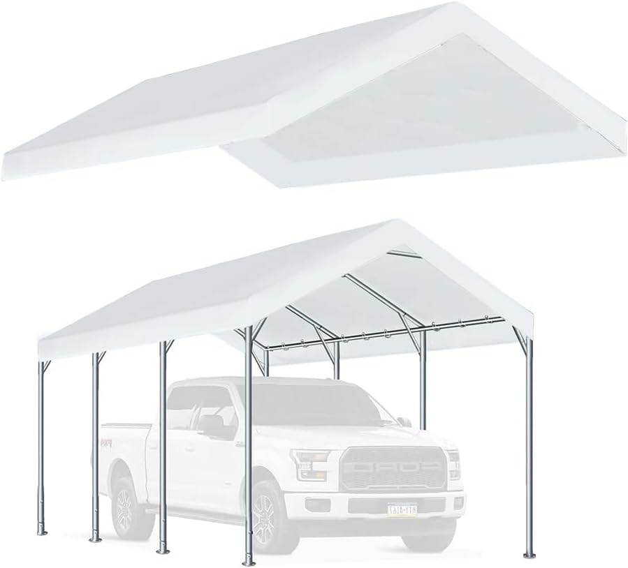 Rutile 12'x20' Carport Replacement Top Canopy Cover for Car Garage Shelter Tent Party Tent with Ball Bungees White (Only Top Cover, Frame is not Included)