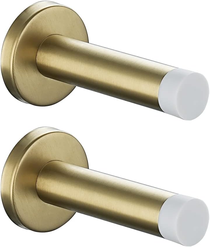 JQK Door Stopper Gold, 304 Stainless Steel Thicken 1mm Sound Dampening Door Stop Bumper Wall Protetor 2 Pack, Brushed Gold Black Tip, DSB5-WG-P2