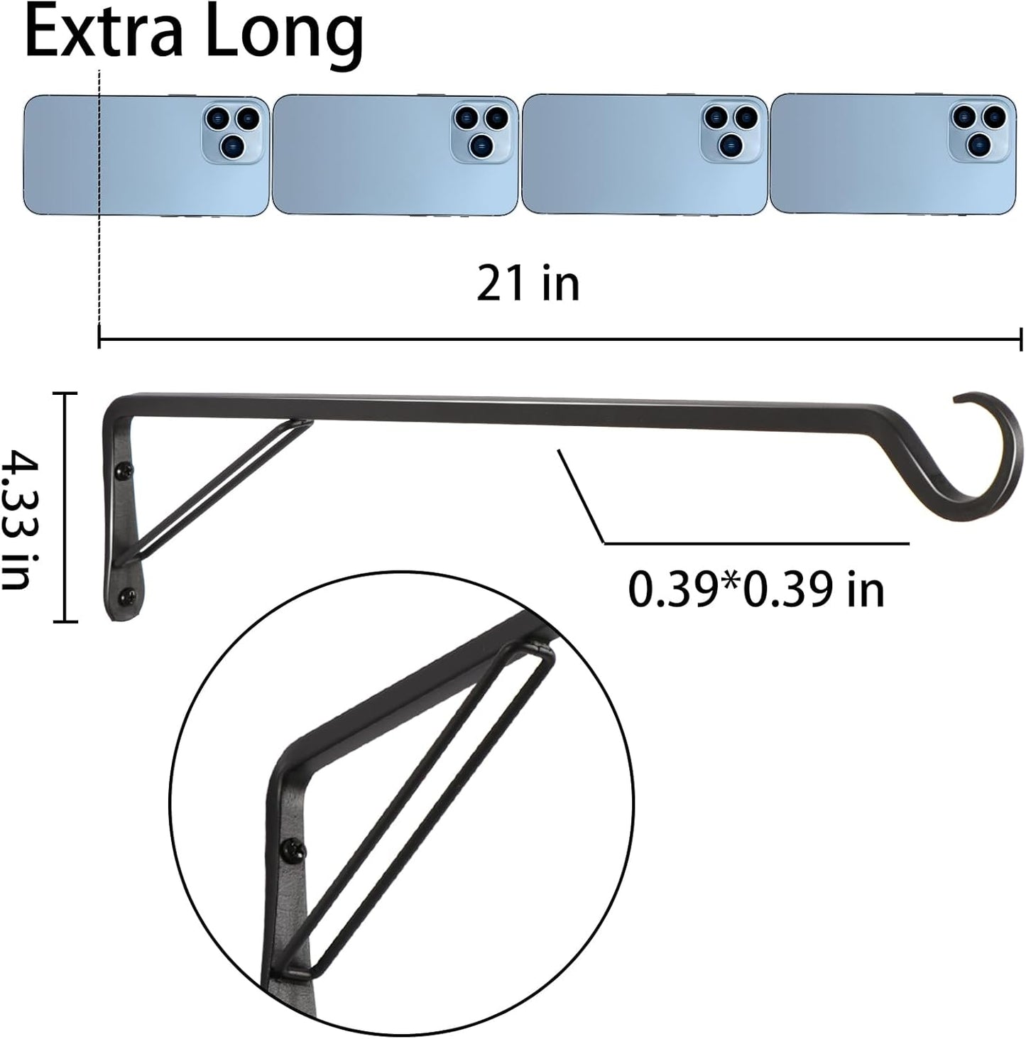 2 Pack Extra Long 21 Inch Heavy-Duty Rust-Resistant Solid Steel Plant Hangers and Bird Feeder Hangers for Indoor and Outdoor Decor, Wall Hooks