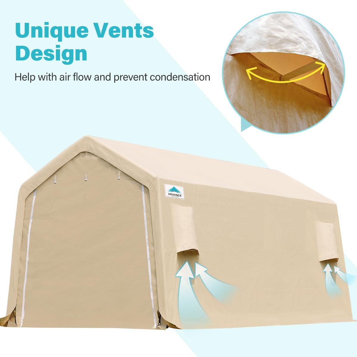 ADVANCE OUTDOOR Heavy Duty 10X20 ft Carport Outdoor Patio Portable Canopy Storage Shelter Shed with 2 Rolled up Zipper Doors & Vents for Snowmobile Garden Tools, Beige
