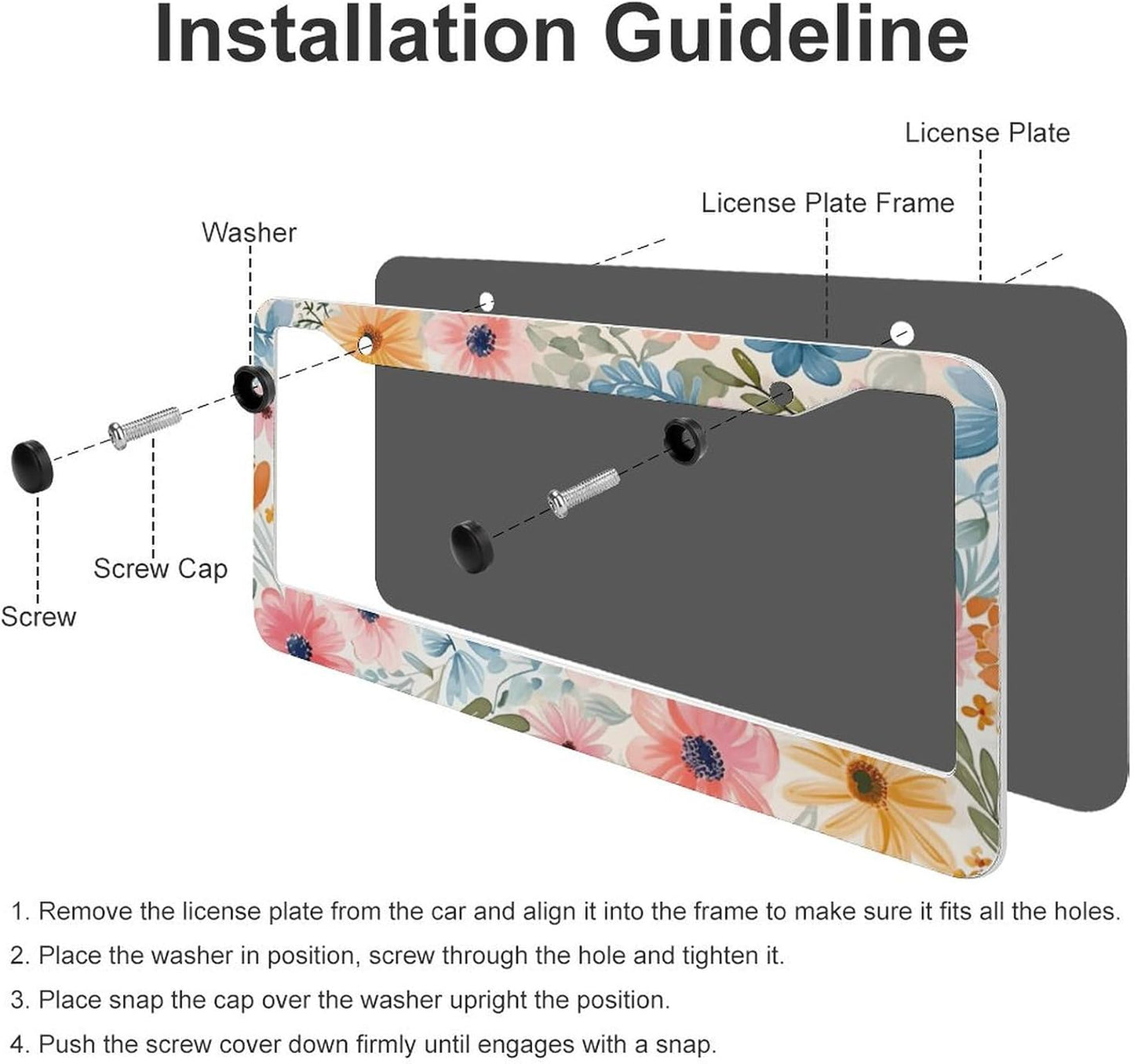 Flowers Floral License Plate Frames - 2 Pcs Set 2 Holes Metal Aluminum Auto Car Accessories Decoration License Plate Frame 12.2 x 6.3 inch for Women Men Gift