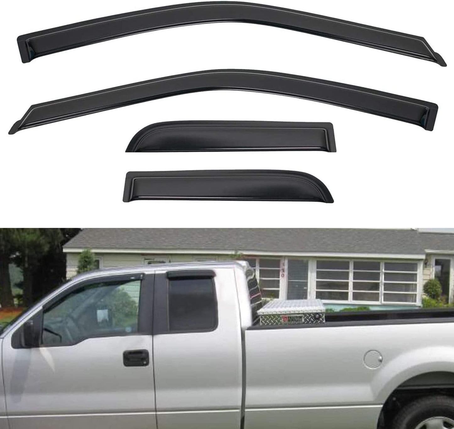 4pcs Window Visors Compatible with 2015-2024 F150/ F250/F350/F450/F550 Super Duty Extended (Super) Cab with Half Size Rear Doors Front+Rear Smoke Tint Sun/Rain Guard Outside Mount Tape-On Vent