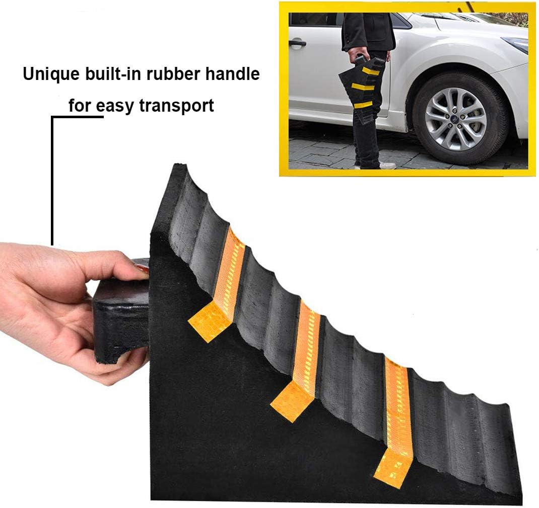 RELIANCER 2 Pack Wheel Chocks Heavy Duty Extra Large Industrial Rubber Wheel Chock Blocks w/Handle Reflective Strips for Travel Trailer Hauler Truck Fire Truck Commercial Vehicle RV 10" x 6" x 7.3"
