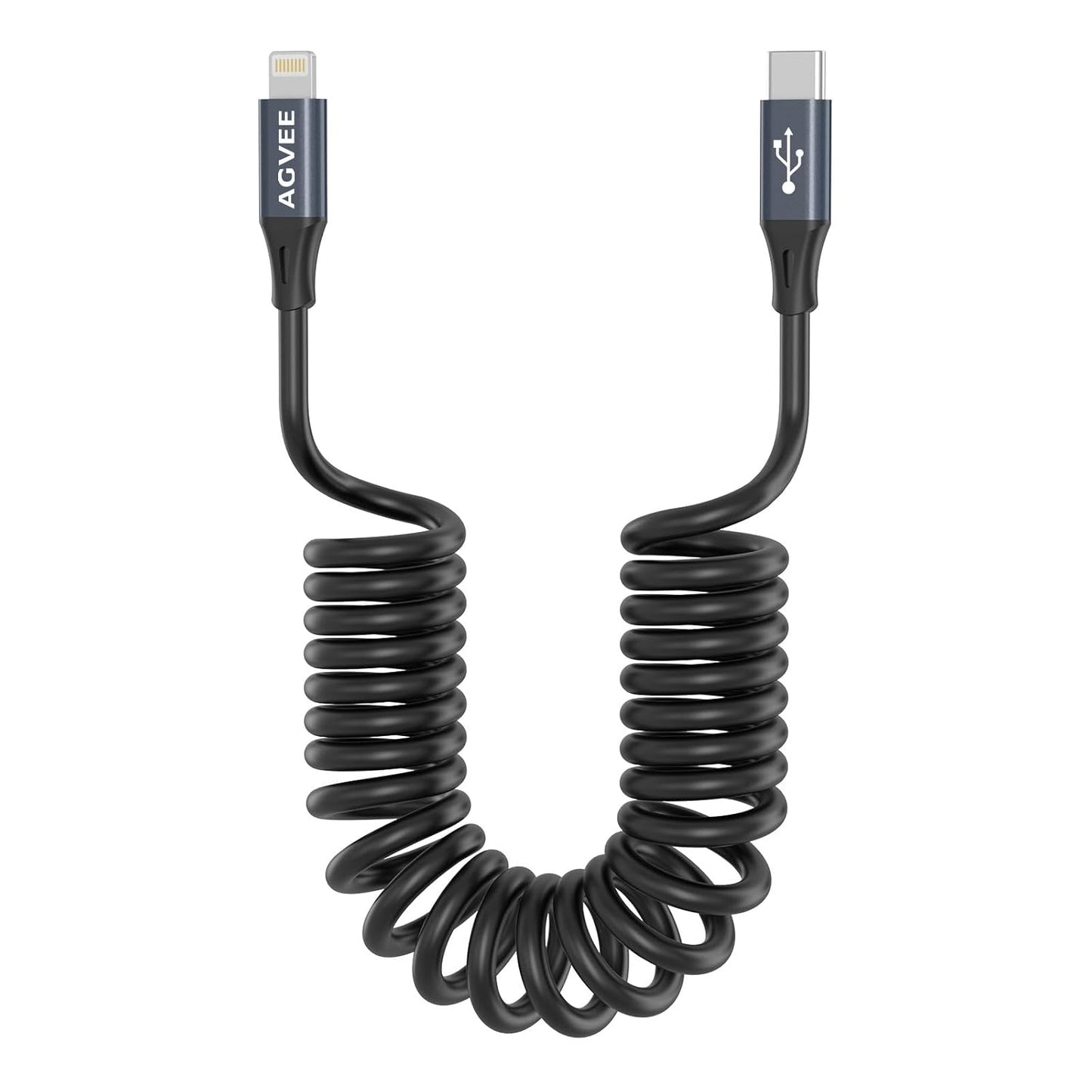 AGVEE 3ft Coiled Short USB-C to Lightning Charging Cable [MFI Certified] 30W PD Fast Charger Cord in Car for iPhone 14/13/12/11/XS/8/7/6/5 CarPlay, iPad, iPod, Dark Gray