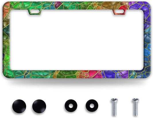Colored Gemstone Patterns License Plate Frame Funny License Plate Frames Stainless Steel Accessories Cars Decor with 2 Holes and Screws Fits Standard Us Ca Vehicles License Plate Holder 12.2 X 6 Inch
