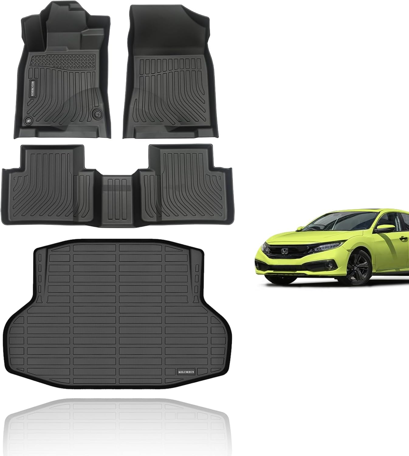 KELCSEECS Floor Mats & Cargo Liner for 2016-2021 Civic Sedan/2017-2021 Civic Si Not Fit Hatchback/Sport/Coupe/Type R Car Mats All Weather Floor Liners Trunk Mat Cargo Mat Civic Floor Mats