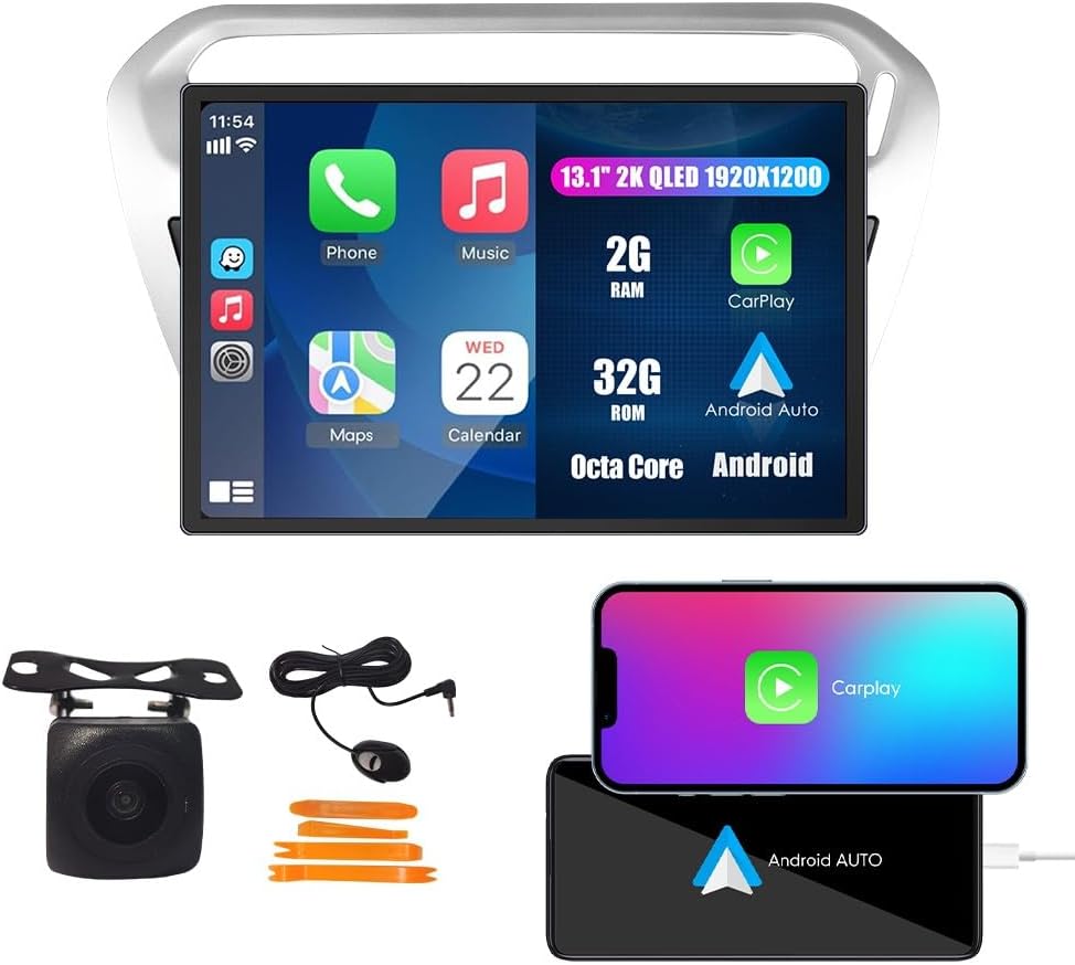Kunfine Car CarPlay Android Auto Navigation Stereo GPS Radio Reverse Camera Display 13.1" QLED Touchscreen Headunit Tablet Pad Media Player For Peugeot 301 13-22, if Applicable Octa Core 2G+32G Silver