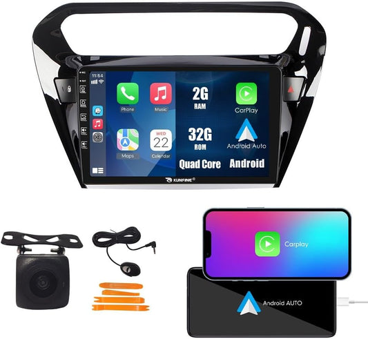 Kunfine Car CarPlay Android Auto Navigation Stereo GPS Radio Reverse Camera Display 9" IPS Touchscreen Headunit Tablet Pad Media Player For Peugeot 301 13-22 if Applicable Quad Core 2G+32G Gloss Black