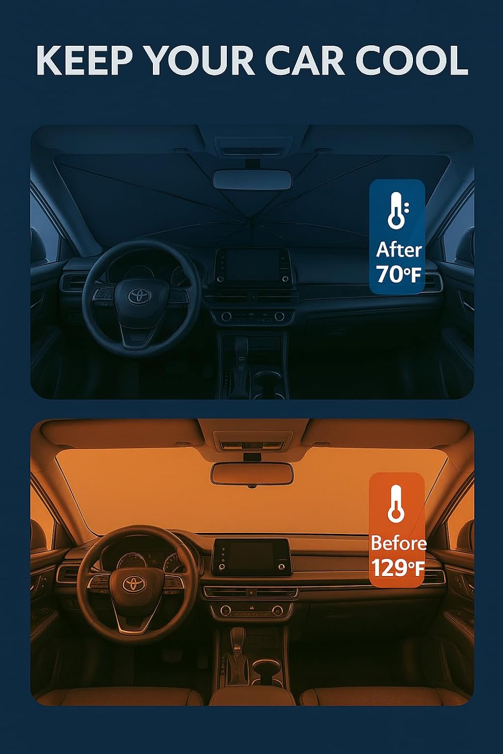 Proadsy Windshield Sun Shade Umbrella for Toyota Prius 2023-2025 2026 Foldable Car Umbrella Sunshade with Soft TPU Handle Spring Structure Crystal Cooling Material Protect Car from Rays & Heat