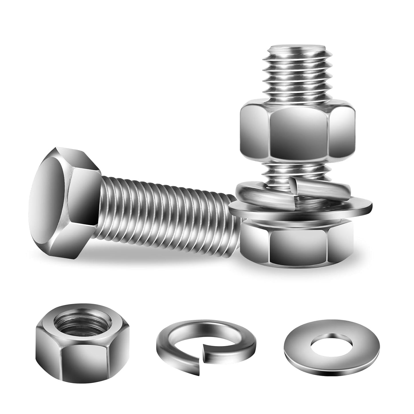 3/8-16 x 1-1/4" Hex Head Screw Bolt, Nuts, Flat & Lock Washers, 10Pcs 18-8 (304) Stainless Steel, Fully Threaded, by SG TZH