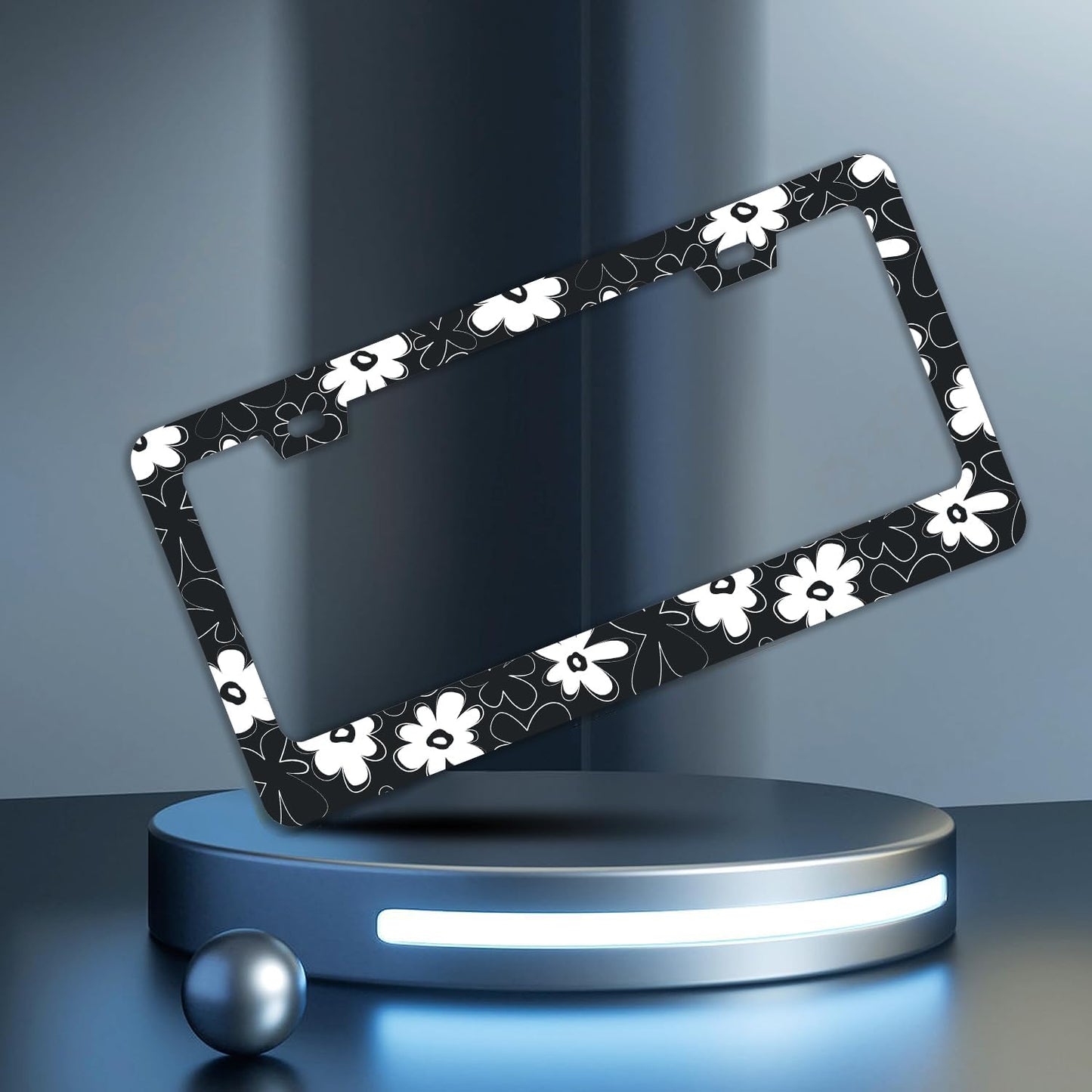 Black and White Flowers License Plate Frames - 2 Pcs Set 2 Holes Stainless Steel Metal Auto Car Accessories Decoration License Plate Frame Cover Size 6.3" x 12.2" Fit US Vehicles for Women Men Gift