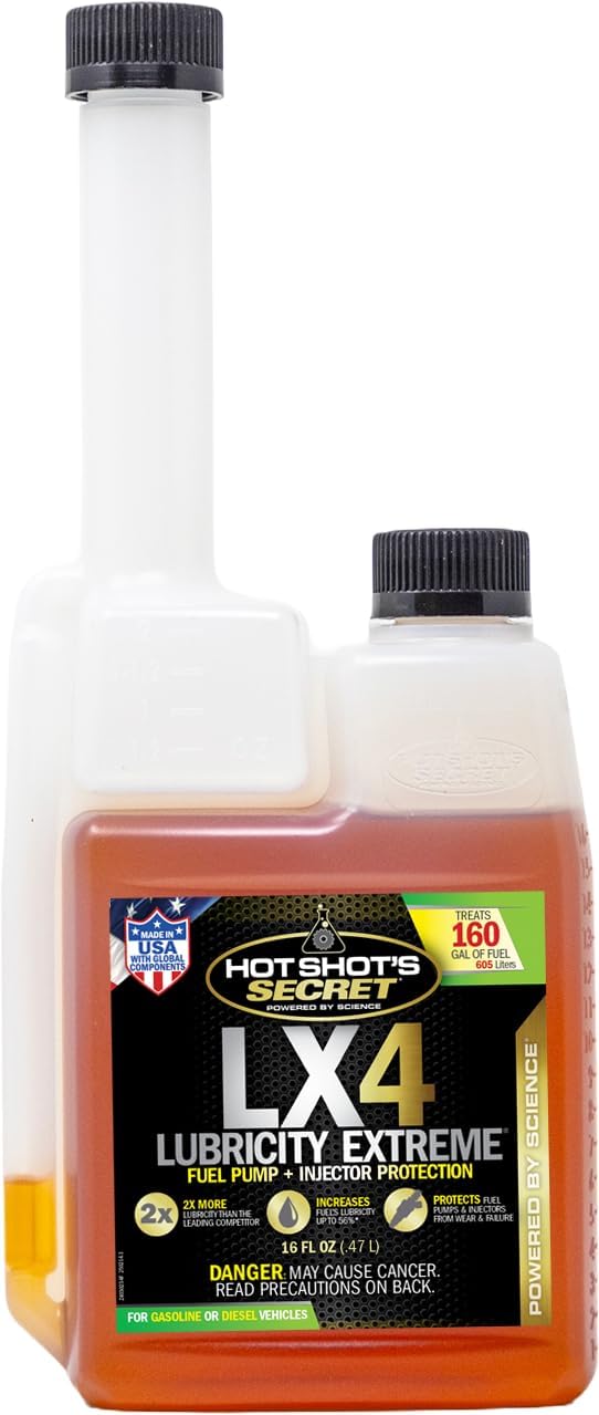Hot Shot's Secret LX4 Lubricity Extreme– 16oz - Fuel System Protection– Lubricates and Protects Fuel Pump and Injectors– Prevents Wear and Damage – For Gasoline or Diesel Engines, Packaging May Vary