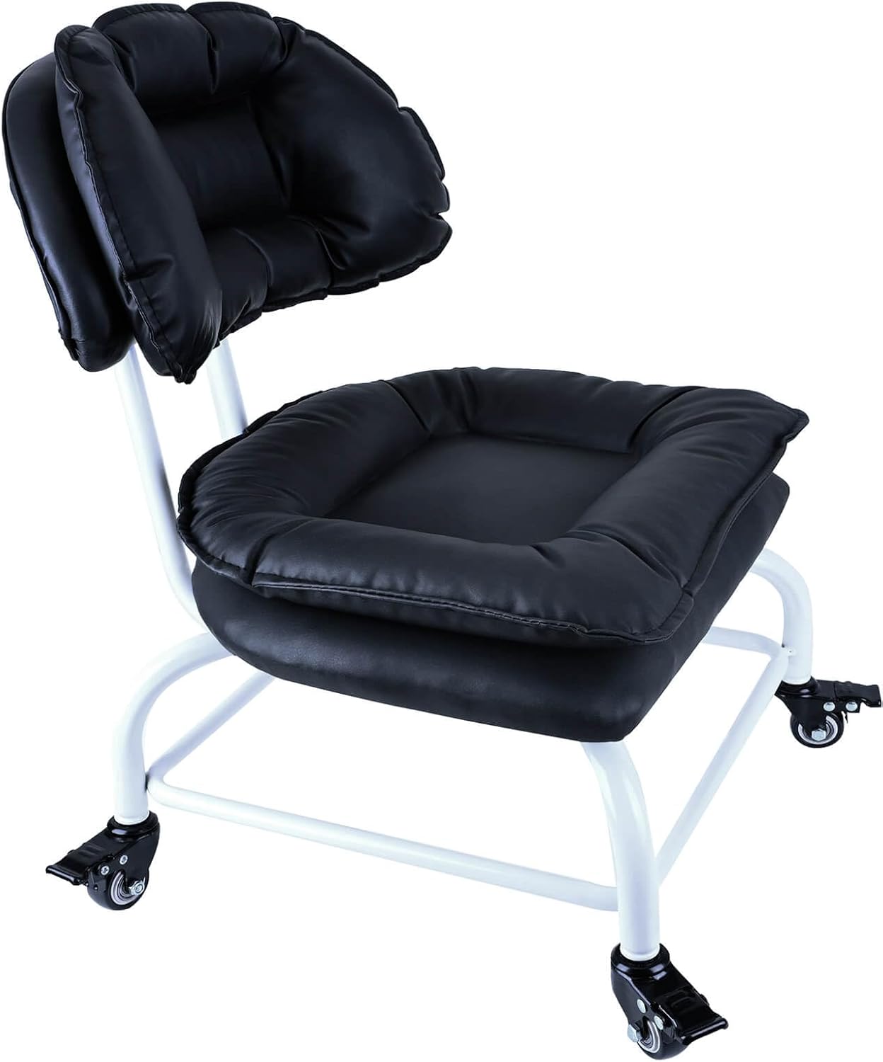 Rolling Stool Wide Seat with Back Rolling Chair 4 Wheels with Brakes for Home Office Garage Shop Waterproof Roller Seat Durable Steel Stand Black