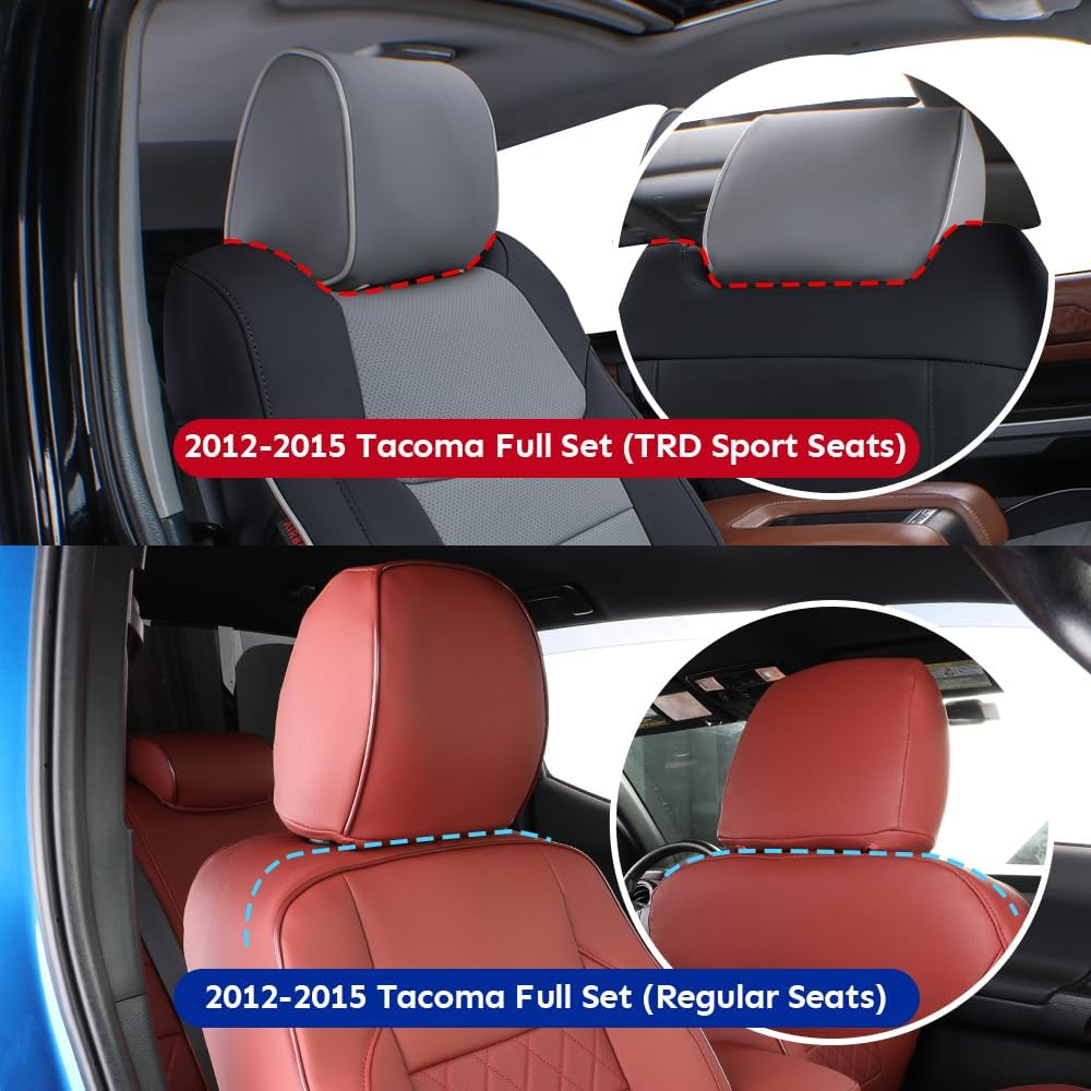EKR Custom Fit Tacoma Leather Car Seat Covers for Select Toyota Tacoma 2012 2013 2014 2015 (TRD Sport Seats)- Full Set,Leather(Black with Red Trim)