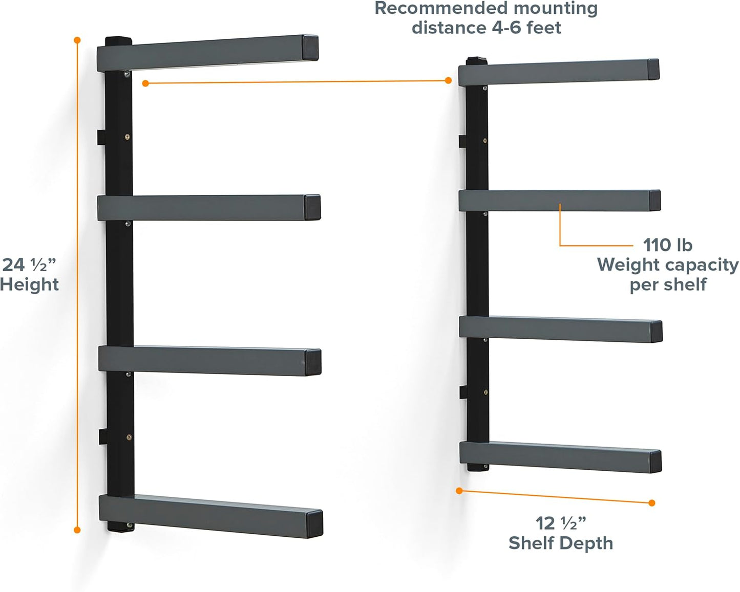 Bora 4-Level Lumber Storage Rack Wood and Garage Organization Space-Saving Metal Shelf for Pipes, Boards, Plywood, and Building Materials - PBR-004B Black Gray