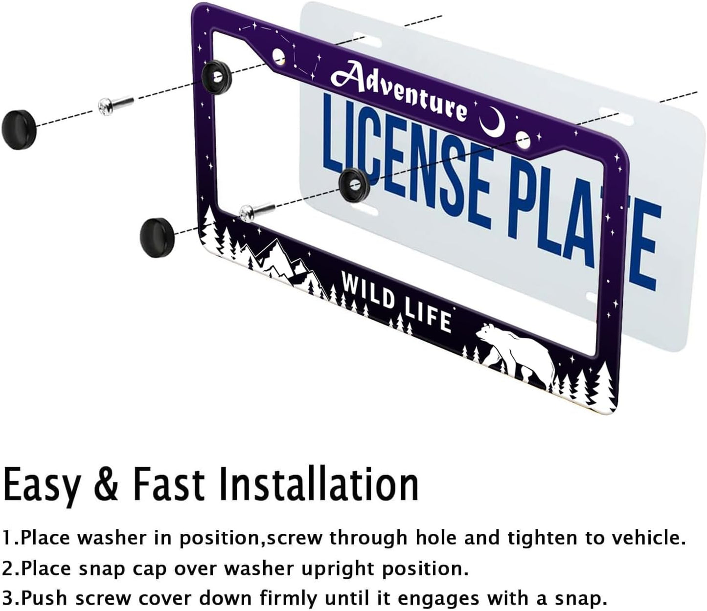 Adventure Awaist License Plate Frame, Mountains Forest Bear Tag Plate Frame Holder Cover, Metal Aluminum Rustproof Car Accessories with Screw Caps, Great Gift for Hiking Outdoor Sports Enthusiasts