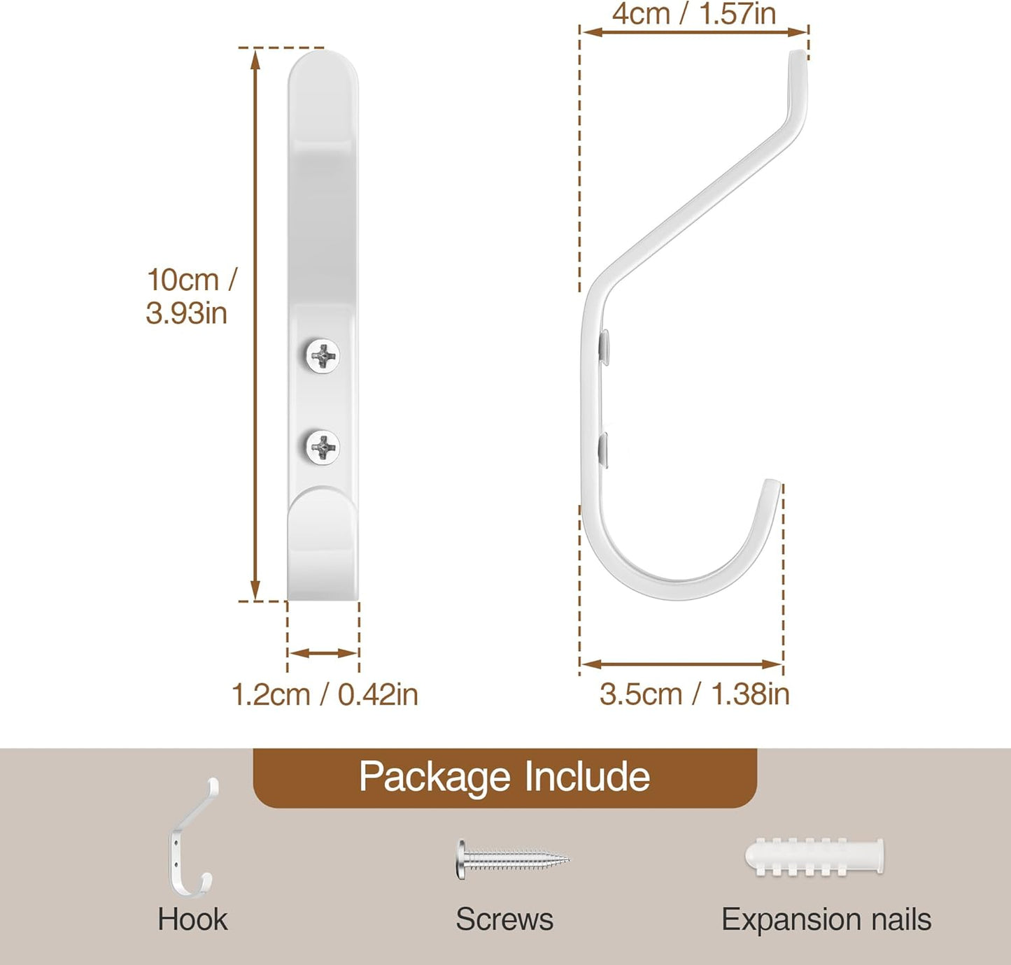 10-Pack Coat Hook for Hanging, 20LB (Max), Stainless Wall Hooks for Towel, Hat, Backpack, Key, Clothes, Wall Mounted Coat Hanger for Closet, Metal, White 3.75“