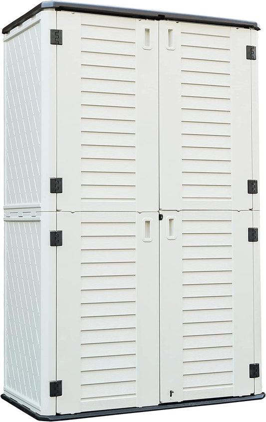 Kinying Outdoor Storage Cabinet, Vertical Storage Shed Perfect to Store Patio Furniture, Garden Tools Accessories,Bike,Beach Chairs and Lawn Mower, 4x2.5 Feet off-white-02B