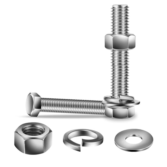 3/8-16 x 4" Hex Head Screw Bolt, Nuts, Flat & Lock Washers, 20Pcs 18-8 (304) Stainless Steel, Fully Threaded, by SG TZH