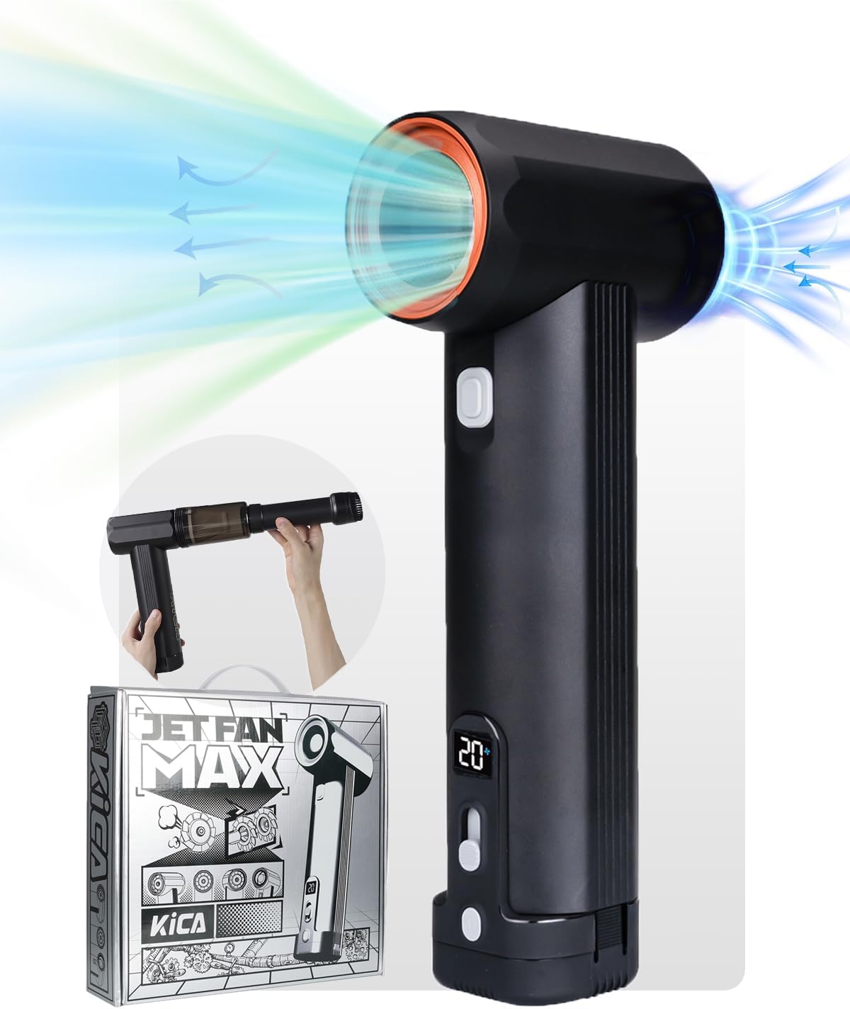 Jet Fan MAX - KiCA Jetfan Car Air Blower and Vacuum Turbo Fan,Electric Cordless Strong Blower 85000 RMP for Car Window Snow/Leaf Clearing,Dry Motocycle,Computer Dust Remove,Outdoots,Long Battery Life