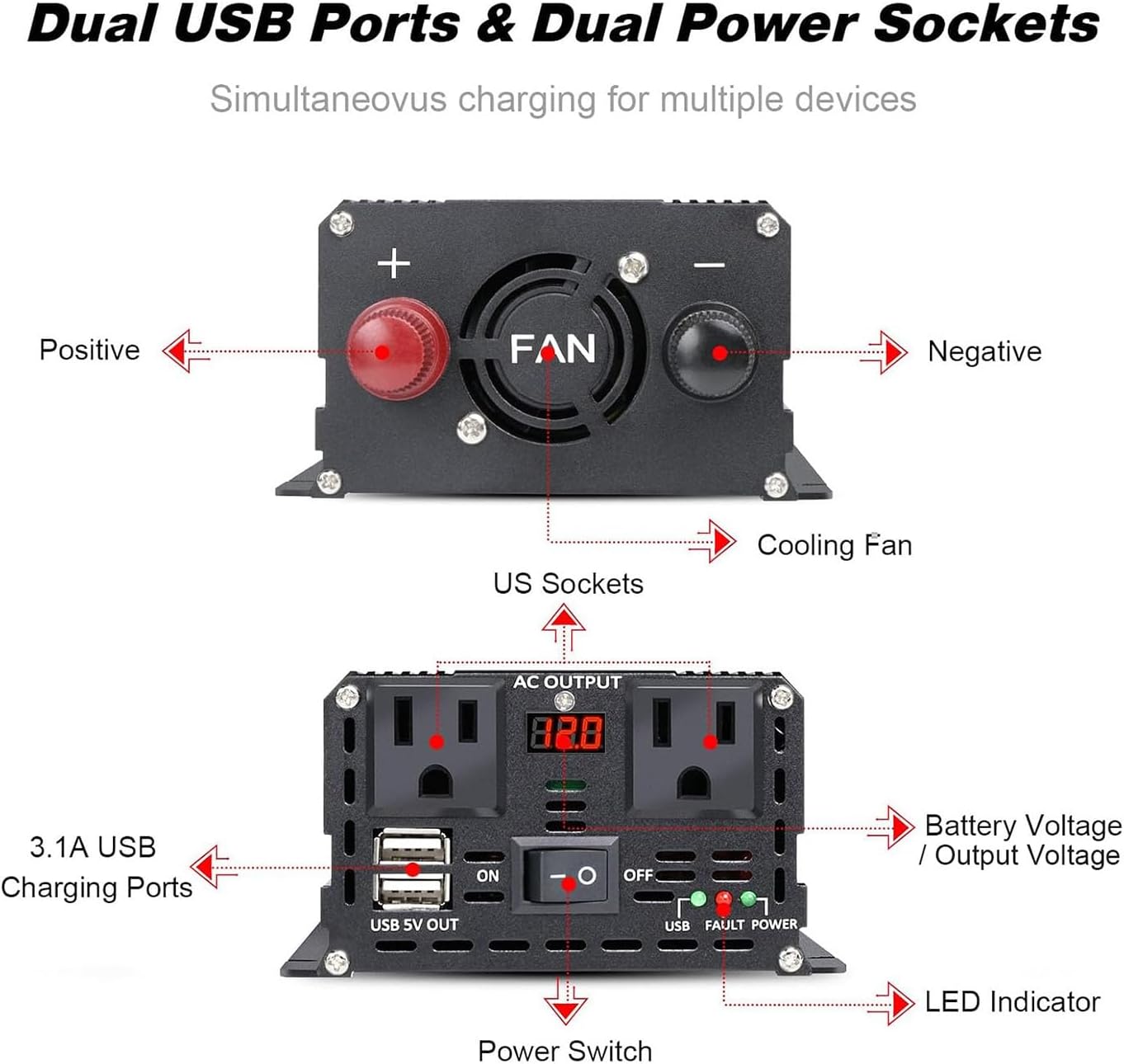 LVYUAN 800 Watt Pure Sine Wave Power Inverter 12V to 110V120V DC to AC Converter with Dual Sockets, Dual USB Ports, LED Display for Home Outdoor RV Car Power Inverter Power Adapter