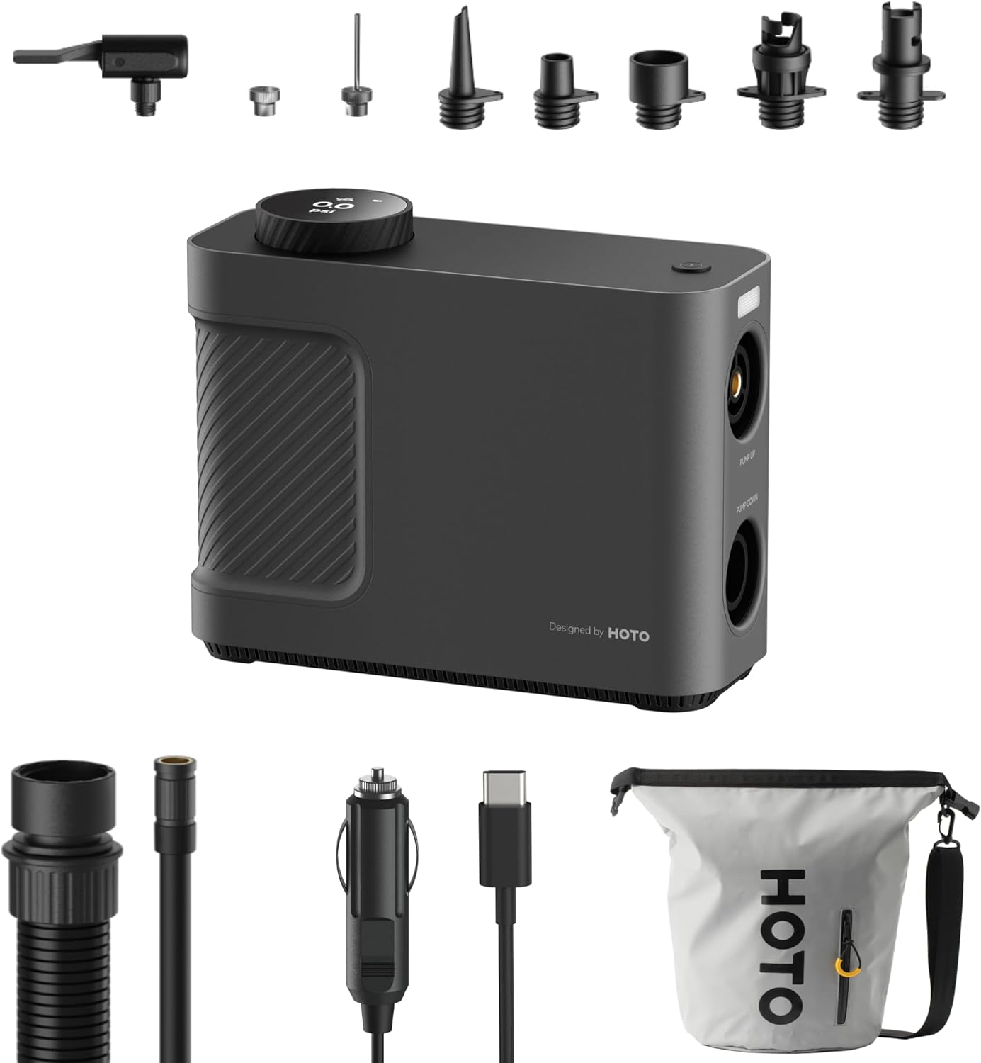 HOTO Air Pump Master, Portable Cordless Tire Inflator, Electric Air Pump with 9 Pump Modes, 12V DC Car Connector for Car, Bikes, Inflatable Pool Float, Air Mattress, Kayak, Tent, Paddle Board, Sup