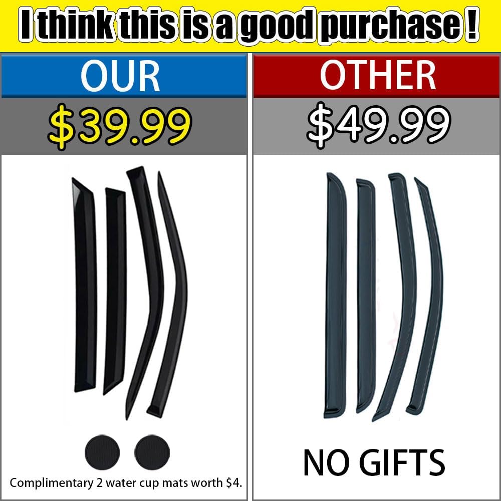 Rain Guards for Dodge Ram 1500 2002-2008 + Dodge Ram 2500 3500 Quad Cab 2003-2009, Tape-on Side Window Deflectors for Ram, Window Visors for Trucks, Car Accessories 4 Rain Guards ＆ 2 Car Coasters